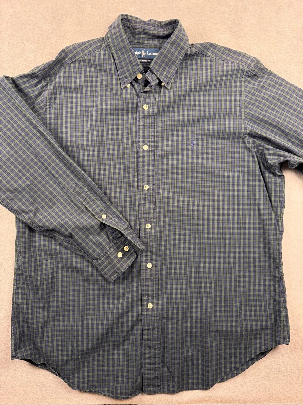 Ralph Lauren Mens 16.5 Blue Green Plaid Long Sleeve Button Down Classic Pony